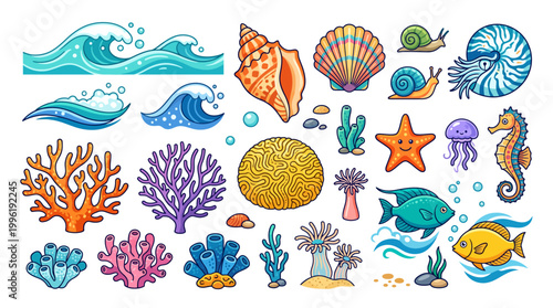 A vibrant collection of colorful cartoon illustrations depicting various elements of marine life and ocean scenery, including waves, coral reefs, seashells, and sea creatures.