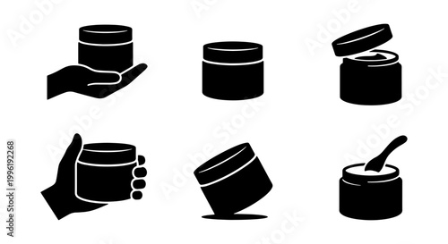 Minimalist cosmetic jar icon set, black silhouette beauty cream containers, 6 vector skincare packaging symbols for product labeling and web design