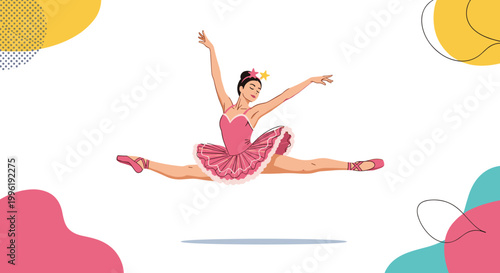 Elegant ballerina in a pink tutu performing a split jump in the air against a background of colorful abstract shapes and patterns.