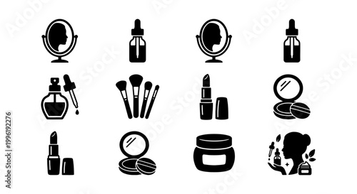 Minimalist beauty icons set, black cosmetic vector symbols, professional makeup and skincare collection, 12 flat graphic elements for spa and salon branding