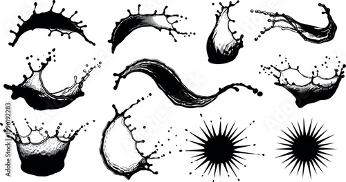 Variety of black ink splashes water drops and radial bursts isolated on white brush stroke graphic design liquid splash abstract splatter artistic creative explosion isolated background