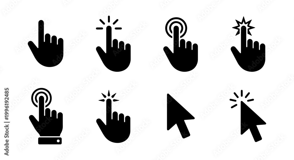 Fototapeta premium Minimalist cursor click icon set, black hand pointer and arrow vector collection, 8 digital interface navigation symbols for web design