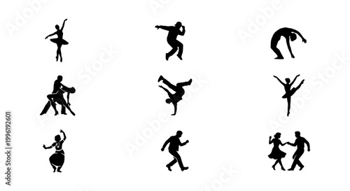 Professional dance silhouettes set, 9 black vector icons of ballet and hip hop performers, elegant ballroom and contemporary dancer figures