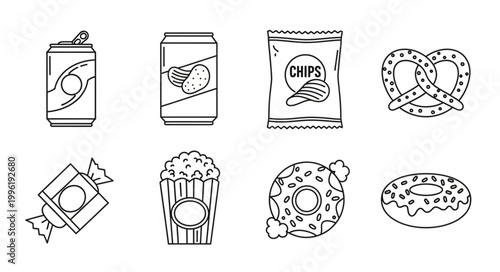 Vászonkép Collection of hand-drawn snack food and drink icons.