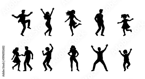 Dancing people silhouettes set, happy men and women party characters, active crowd jumping and celebrating, black vector figures on white background