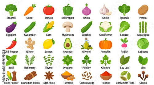 A vibrant collection of fresh vegetables, herbs, spices, and cooking ingredients displayed in a grid format.