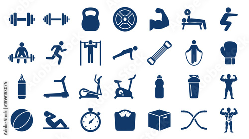 Fitness and gym equipment icons collection, representing healthy lifestyle and workout activities, isolated on white background
