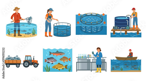 Professional workers manage various aquaculture tasks involving feeding fish, monitoring water quality, transporting harvest, and utilizing diverse farming equipment systems.