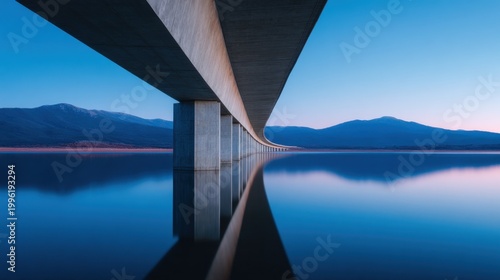A serene view beneath a modern concrete bridge, reflecting in calm waters at dawn
