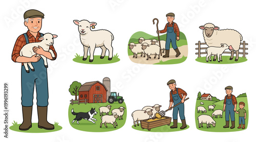 Elderly shepherd wearing a cap and overalls cares for his fluffy sheep and small lamb in this detailed cartoon illustration