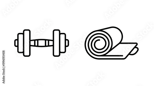 A simple line art illustration of a dumbbell and a rolled-up yoga mat, representing fitness and exercise equipment.
