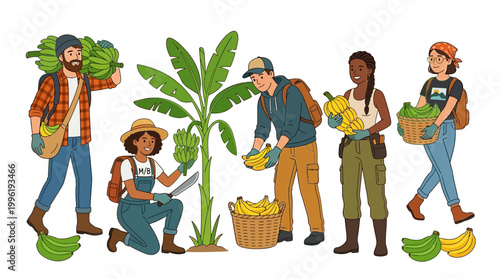 Diverse group of farmers happily harvesting and carrying bunches of fresh bananas, showcasing abundant tropical fruit produce.