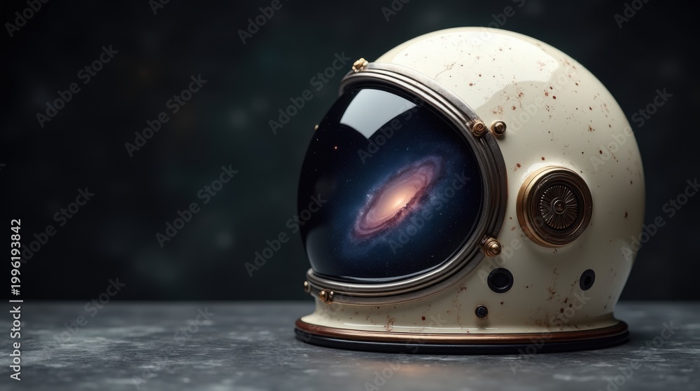 Fototapeta premium Vintage spacesuit helmet with galaxy inside on dark background for International Space Day 
