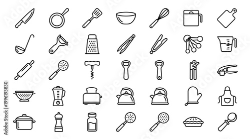 A comprehensive collection of line art icons representing various kitchen utensils and cooking equipment.
