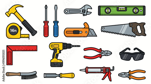 A collection of various hand tools and power tools commonly used for construction and DIY projects.