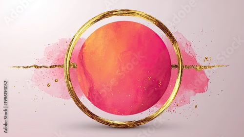 Decorative golden circular frame surrounds a vibrant gradient circle with pink watercolor texture and shimmering accents