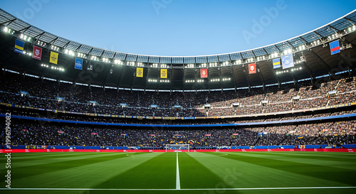 Panoramic view of a packed soccer stadium arena with bright lights and banners with football stadium with stadium interior with stadium background with stadium seating with stadium pitch