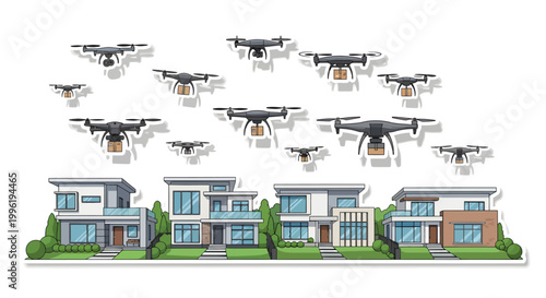 drones flying over suburban homes with modern architecture