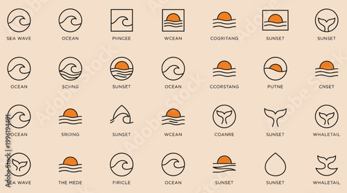 ocean-wave-sunset-logo-icons-set