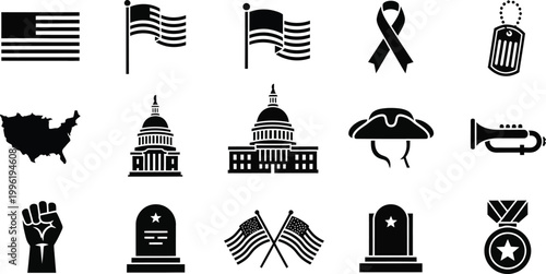 Patriotic flag day vector collection american flags monuments and symbols for national celebration designs