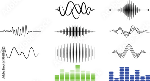 Audio sound wave collection with different frequency patterns music equalizer symbols digital signal and radio waves Vector Illustration