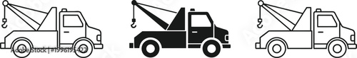 Tow Truck Icon Set Featuring Various Tow Trucks with Cranes for Vehicle Recovery, Transport, and Automotive Design Illustrations