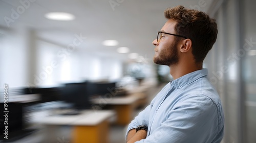 A thoughtful professional man stands in a modern office environment reflecting deeply on future business strategies