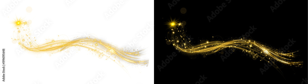 Φωτογραφία A PNG image of Elegant golden glowing wave with sparkling dust particles, bright starbursts, and flowing light trails creating a festive design on transparent background