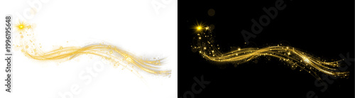 Fotografie A PNG image of Elegant golden glowing wave with sparkling dust particles, bright starbursts, and flowing light trails creating a festive design on transparent background