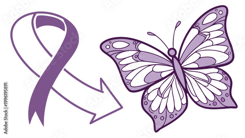 Purple awareness ribbon with arrow transforming into butterfly symbolizing hope change and support in minimal line illustration