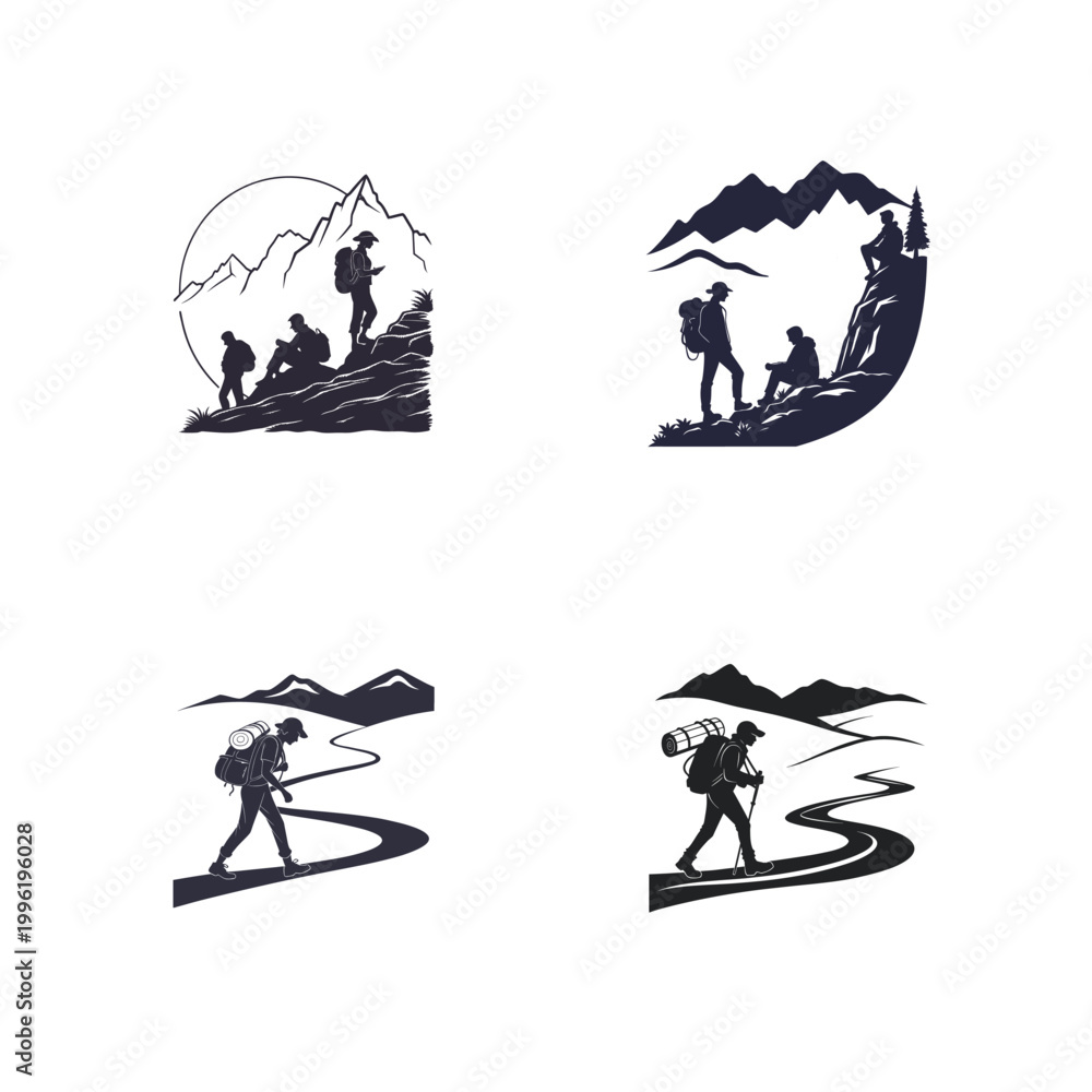 Naklejka premium Set of four black silhouette hiking icons on white background