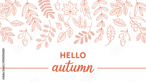 autumn card banner or poster design, hand drawn leaves in line sketch style, fall doodle elements including oak, maple, chestnut, acorn, and rowan berries, trendy seasonal vector background