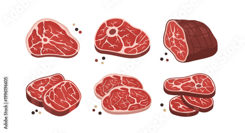 Six different cuts of raw red beef including steak and roast are displayed with scattered black and white peppercorns on a pristine white surface.