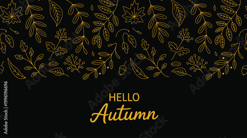 autumn card banner or poster design, hand drawn leaves in line sketch style, fall doodle elements including oak, maple, chestnut, acorn, and rowan berries, trendy seasonal vector background