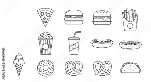 Collection of fast food icons in outline style.