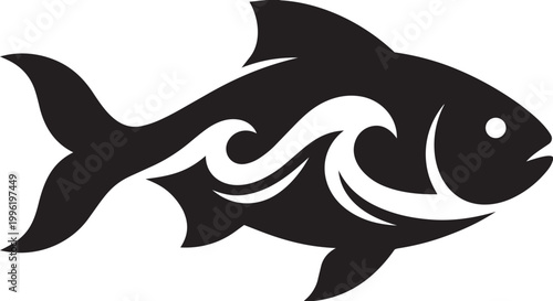 Stylized fish silhouette with abstract wave patterns on body.