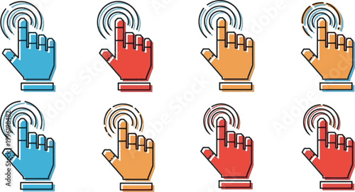 Set of colorful hand cursor icons with clicking gesture ripples, touch screen interface concept, flat vector illustration.