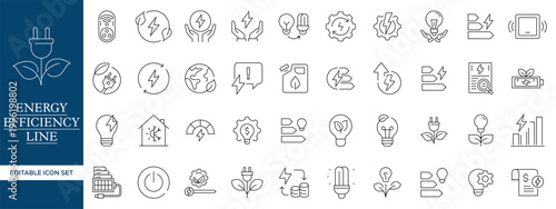 Energy Efficiency Line Icons Set, Renewable Energy Green Technology Outline Vector Collection Editable Stroke