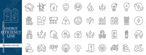 Energy Efficiency Line Icons Set, Renewable Energy Green Technology Outline Vector Collection Editable Stroke