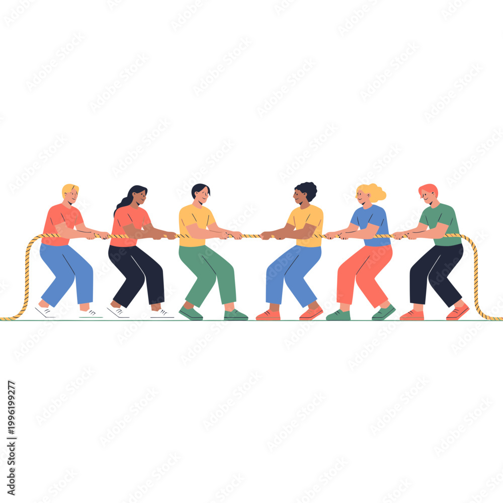 Fototapeta premium A group of people pulling a rope in a tug of war competition