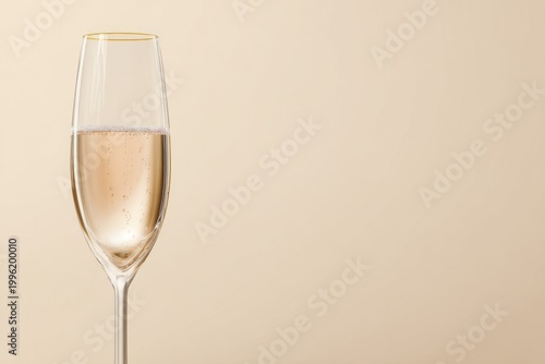 Elegant champagne flute with sparkling bubbles in glass against neutral background