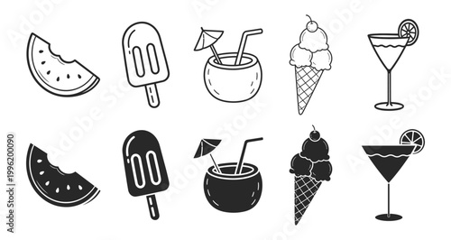 Food dessert drink tropical summer outline icon set on transparent background