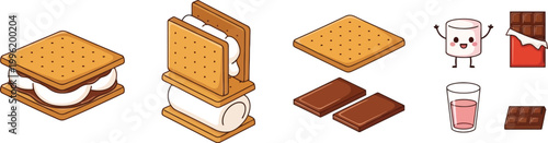 S'mores Preparation Set with Graham Crackers, Marshmallows, Chocolate, and Drink for Campfire, Picnic, and Dessert Illustrations