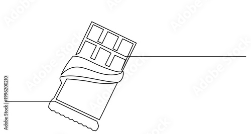 Continuous line drawing of an open chocolate bar in foil wrapper. Minimalist one line art of sweet cocoa dessert, isolated on white background. Simple vector illustration for cafe or food design.
