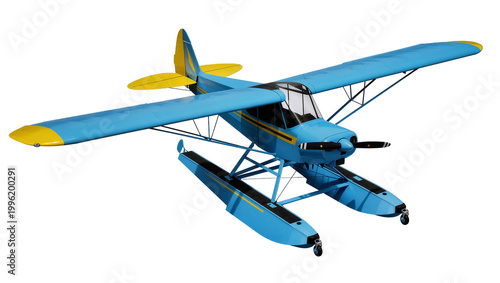 Принти на полотні Blue and yellow seaplane with floats, isolated on transparent background