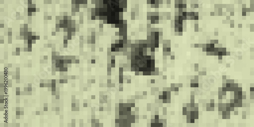 Pixelated mosaic texture with irregular dark and light green and beige squares creating a rough, granular surface for digital art and grunge design