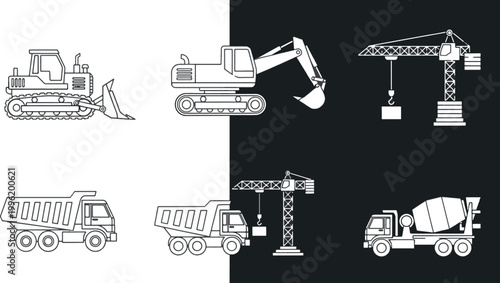 Heavy construction machinery line art set featuring excavator, bulldozer, crane, dump truck, and concrete mixer.