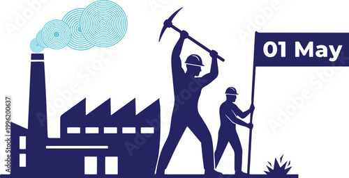 An illustration of workers celebrating May Day with a factory and smokestack in the background.