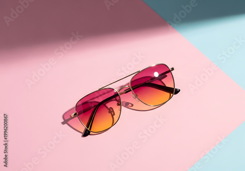 A stylish pair of sunglasses with pink and orange gradient lenses on a colorful background