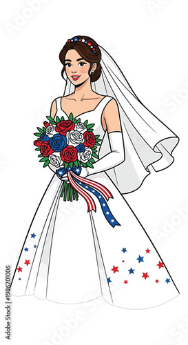 illustration of a bride in a white wedding dress with red and blue stars, holding a bouquet with an american flag ribbon